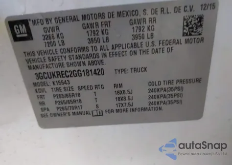 2016 Chevrolet Silverado 1500 2Lt from USA, damaged, VIN 3GCUKREC2GG181420